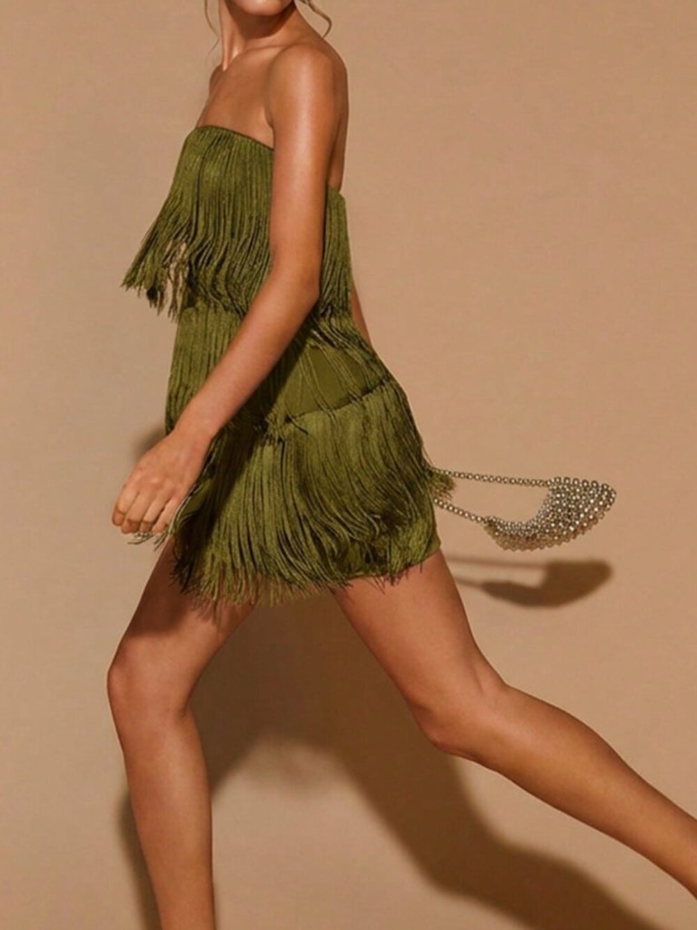 Green Party Women's Fringe Decor Bandeau Elegant Mini Dress - Picture 5 of 5